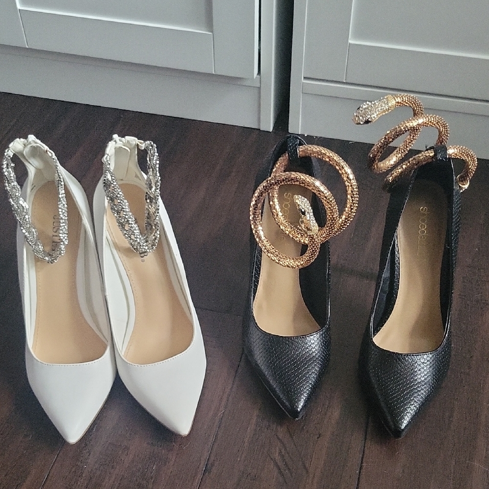 Elegant Women's Black and White Heels with Metallic Accents